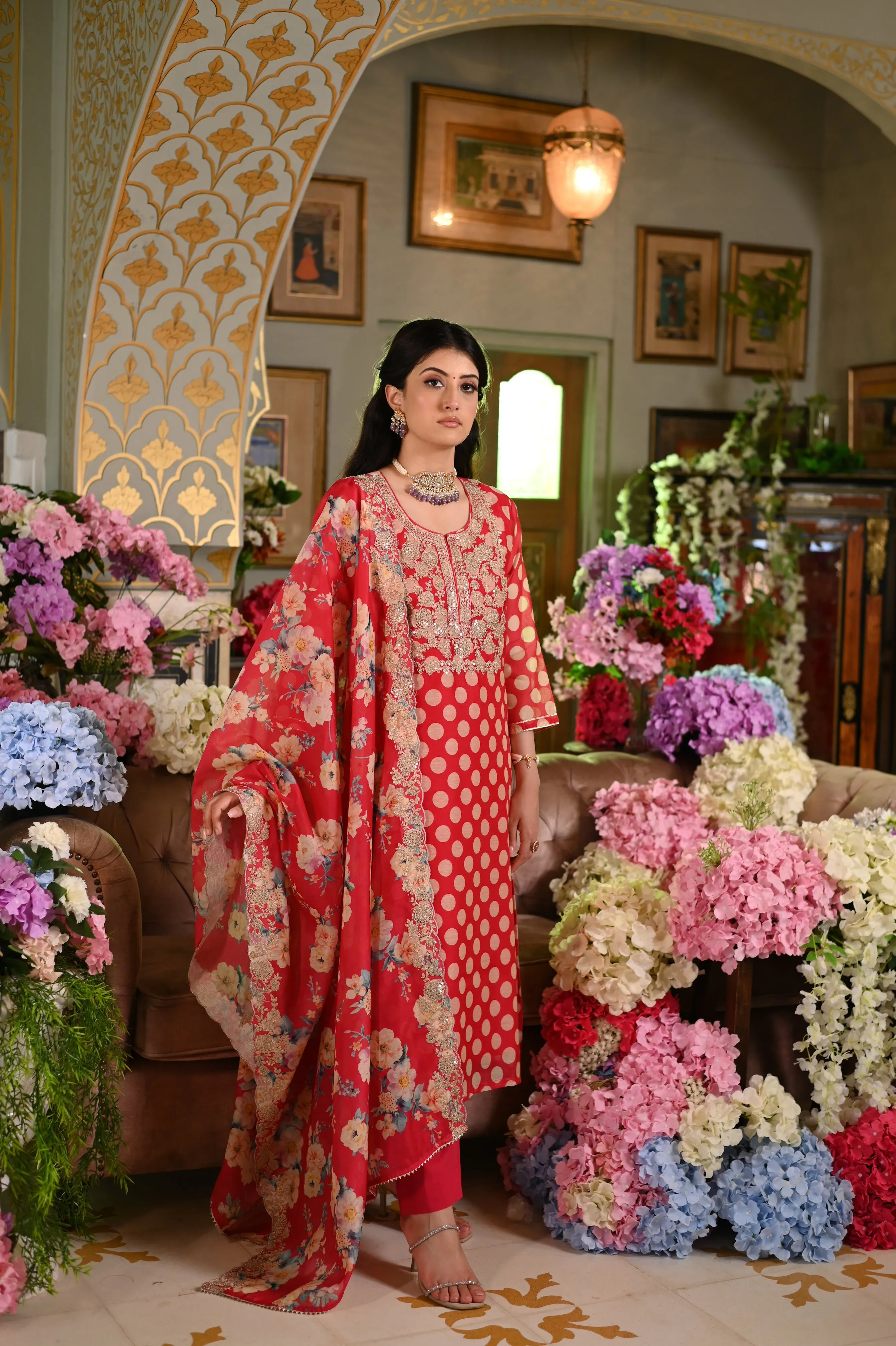Redish Pink Polka Dot Chanderi Suit Set with Cut Work Dupatta and Marodi Work