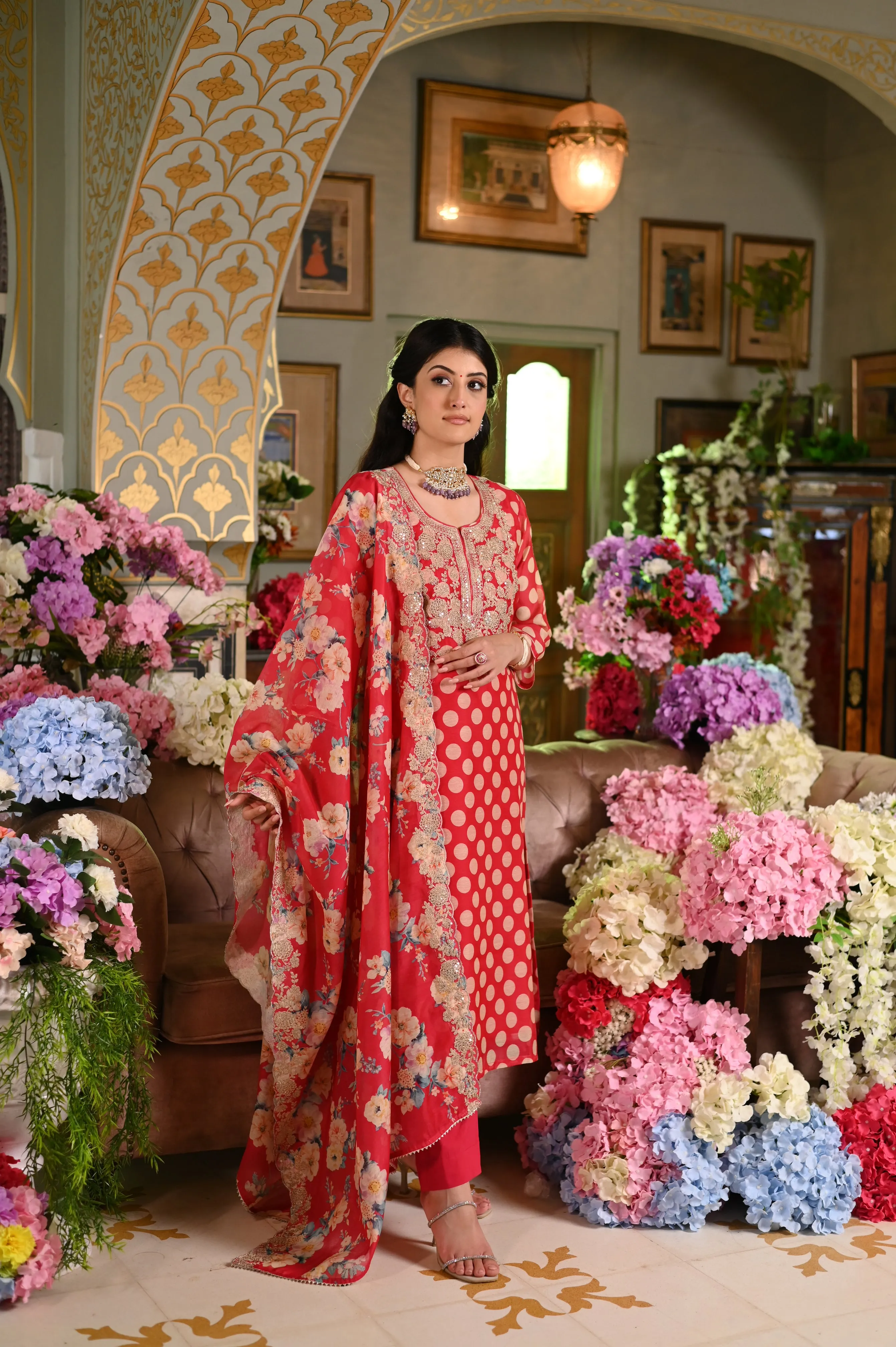 Redish Pink Polka Dot Chanderi Suit Set with Cut Work Dupatta and Marodi Work