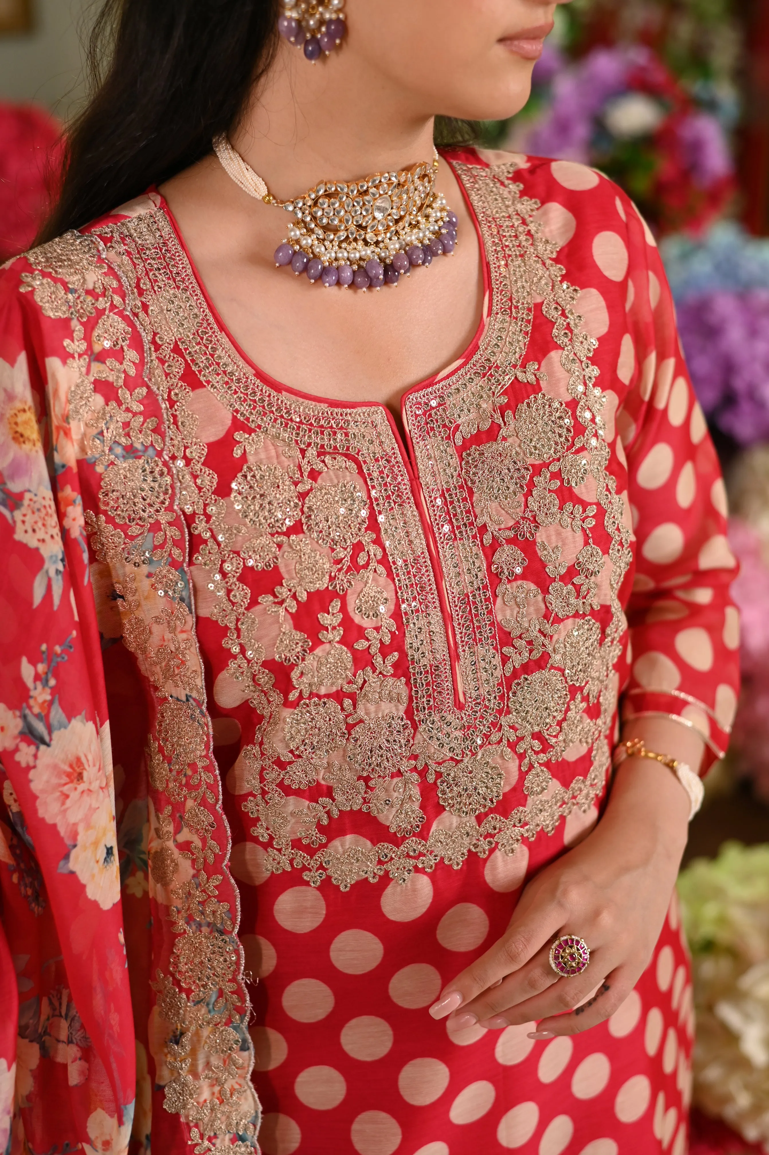 Redish Pink Polka Dot Chanderi Suit Set with Cut Work Dupatta and Marodi Work