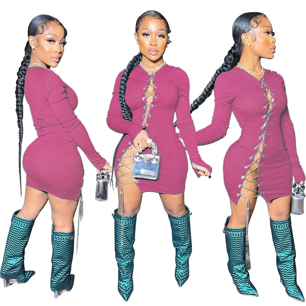 Ribbed Cross Rope Slit Party Dresses