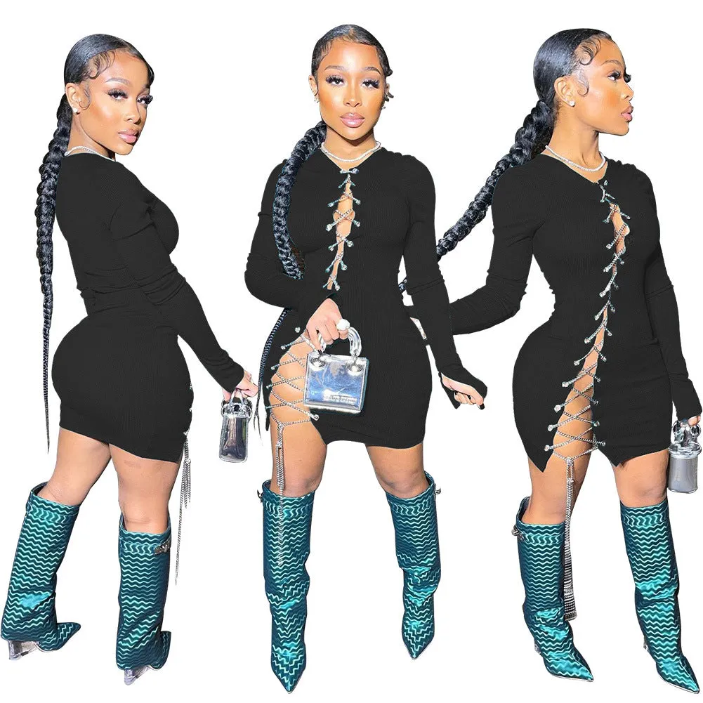Ribbed Cross Rope Slit Party Dresses