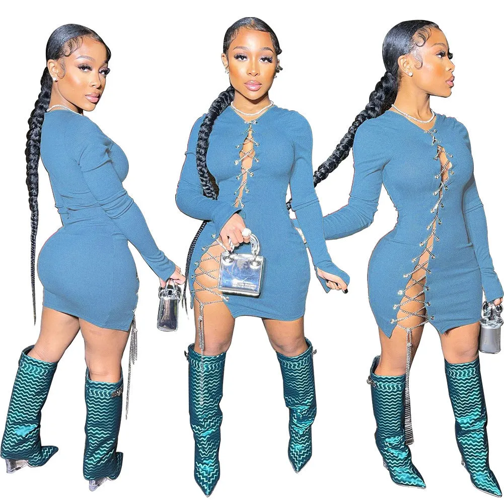 Ribbed Cross Rope Slit Party Dresses
