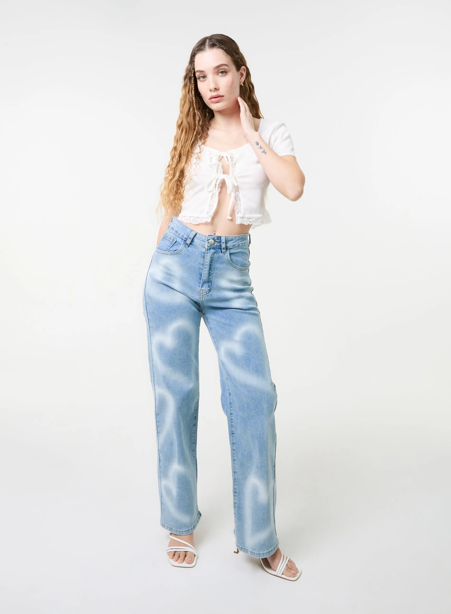 Ribbed Lace Tie Front Top