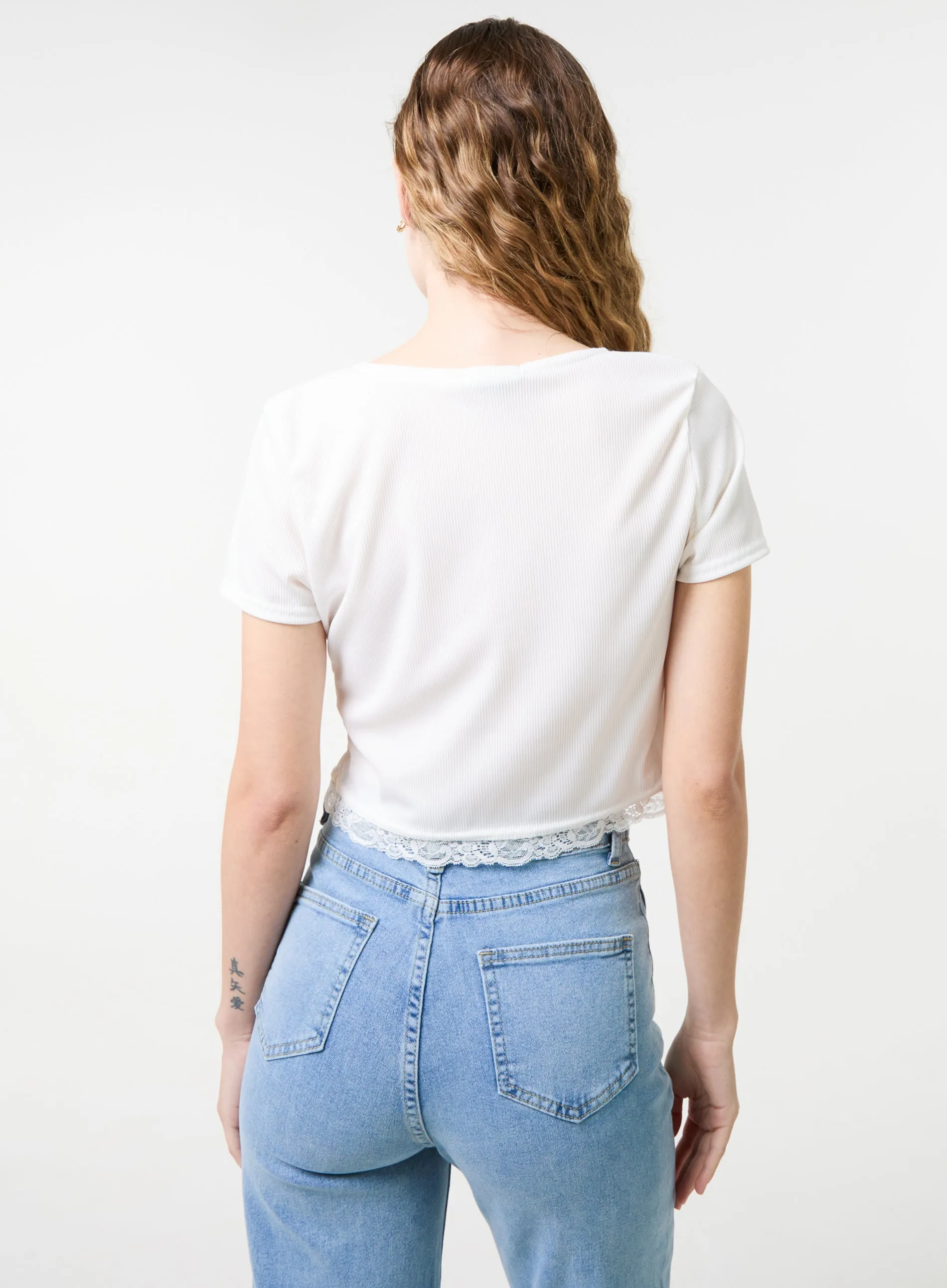 Ribbed Lace Tie Front Top