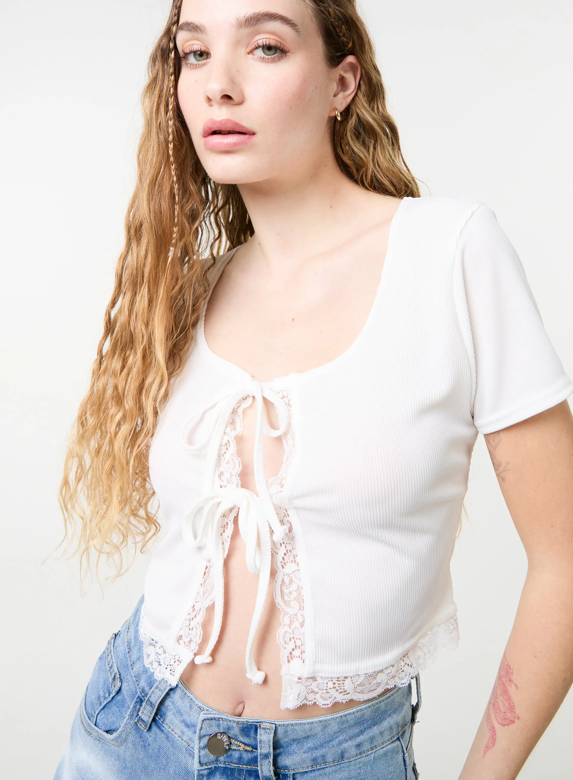 Ribbed Lace Tie Front Top