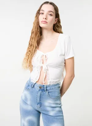 Ribbed Lace Tie Front Top