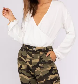 Ribbed Surplus V Neck Drop Shoulder Bodysuit