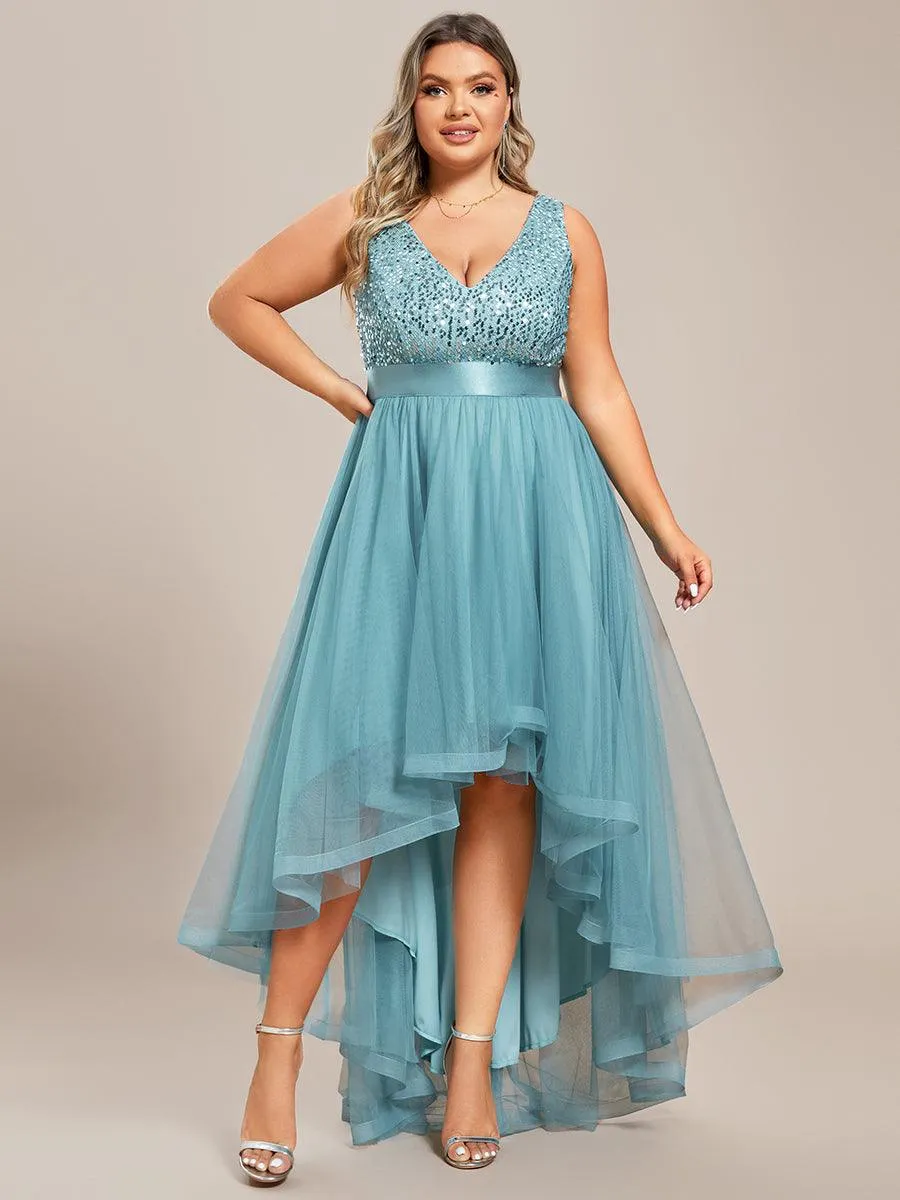 Robe de Soirée Haute Basse à Col en V à Paillettes de Grande Taille