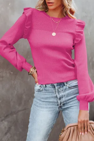 Rose Ribbed Ruffle Details Bishop Sleeve Sweater