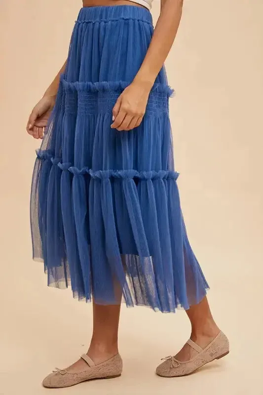 Royal Blue Tulle Midi Skirt – Tiered Mesh, Frill Detail, Lined