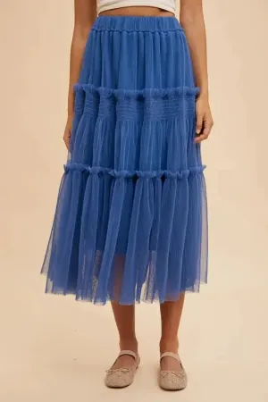 Royal Blue Tulle Midi Skirt – Tiered Mesh, Frill Detail, Lined