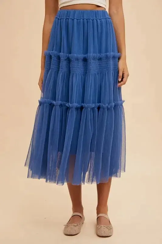 Royal Blue Tulle Midi Skirt – Tiered Mesh, Frill Detail, Lined