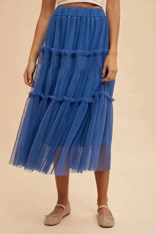 Royal Blue Tulle Midi Skirt – Tiered Mesh, Frill Detail, Lined