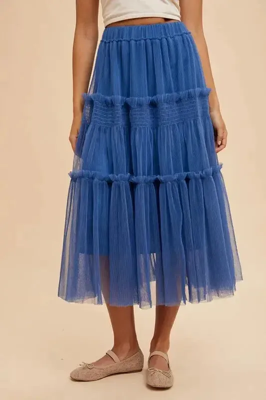 Royal Blue Tulle Midi Skirt – Tiered Mesh, Frill Detail, Lined