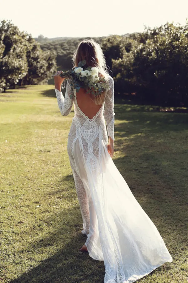 Roycebridal Open Back Wedding Dresses Beautiful Lace Backless Long Sleeve Bridal Gown,MW435