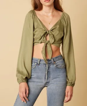 Sage Raglan Bishop Sleeve Double Tie Key Hole Crop Top