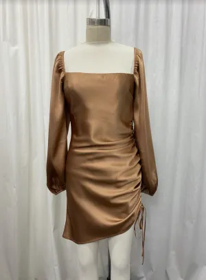 Satin Balloon Sleeve Ruch Tie Side Mini Dress