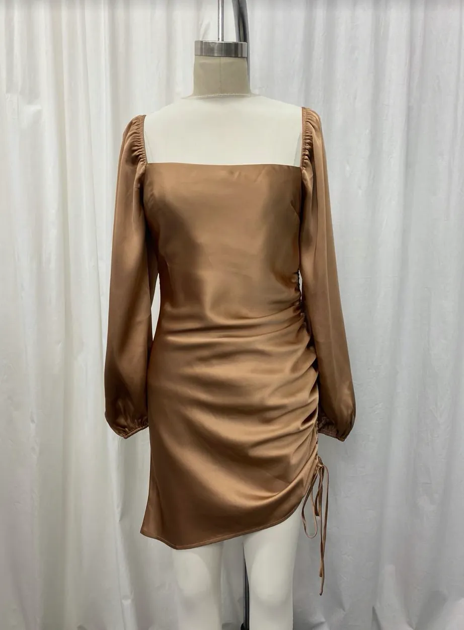 Satin Balloon Sleeve Ruch Tie Side Mini Dress