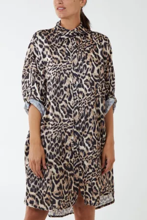 Satin Leopard Buttoned Sleeve Shirt Dress