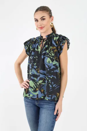 Satin Ruffle Print Blouse - Green