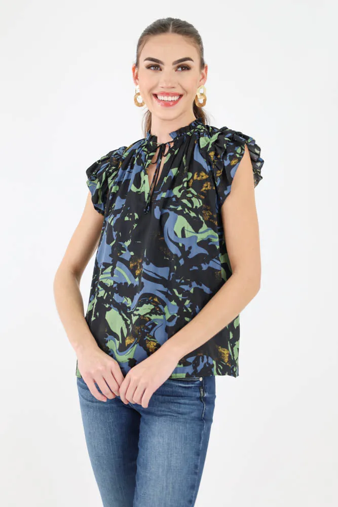 Satin Ruffle Print Blouse - Green