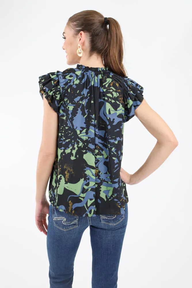 Satin Ruffle Print Blouse - Green