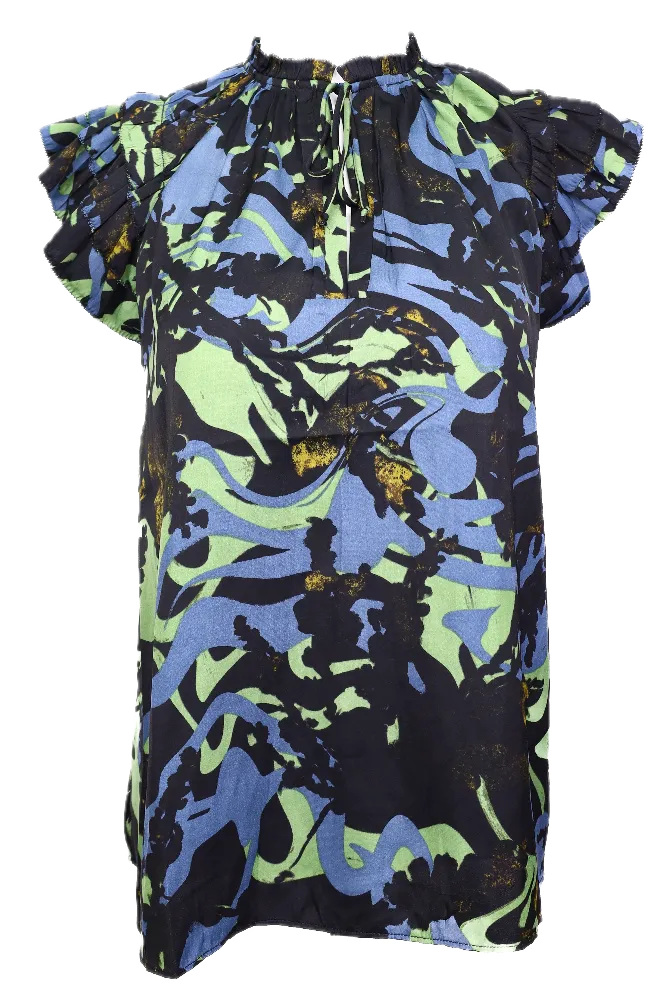 Satin Ruffle Print Blouse - Green
