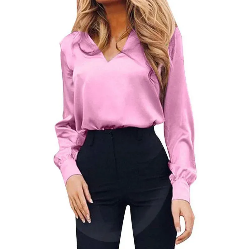Satin Silk Blouse – Vintage V-Neck Long Sleeve