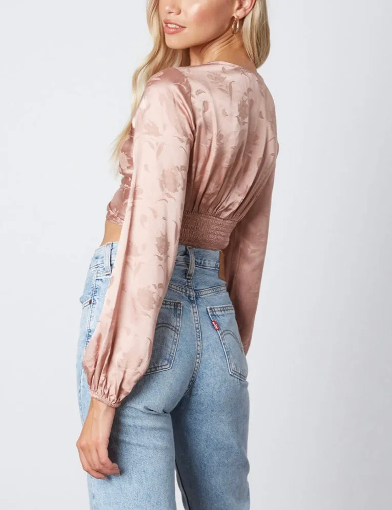Satin Vneck Twist Floral Long Sleeve Crop Top