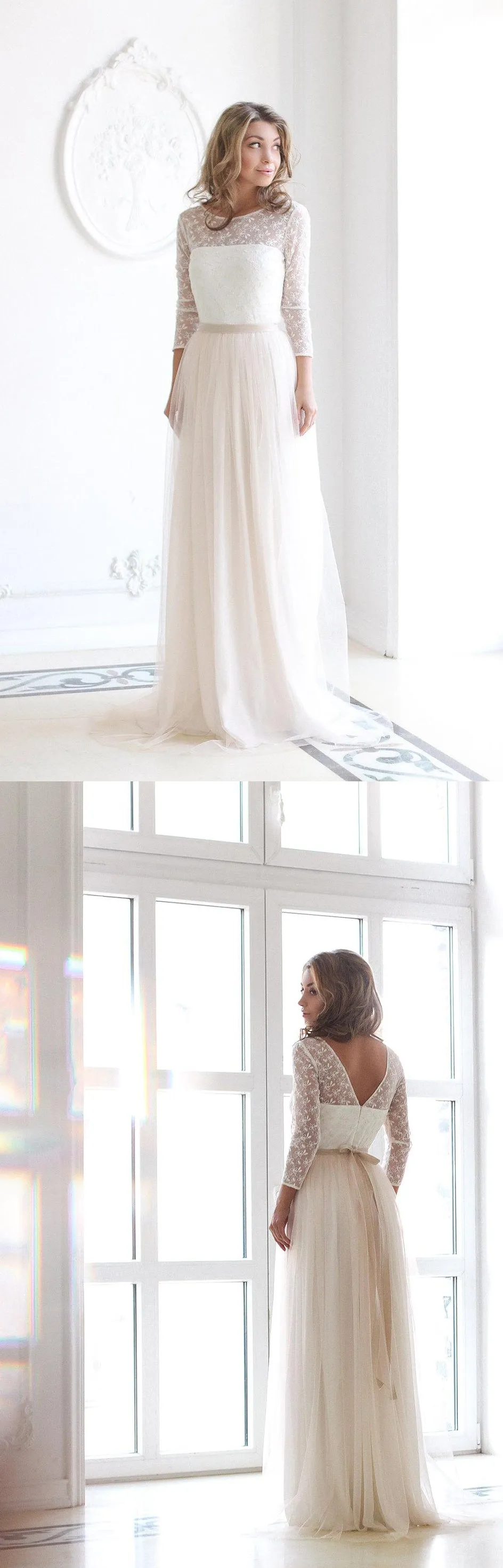 Scoop Neck Long Sleeve Tulle Wedding Dress With Lace Bodice-ET_711532