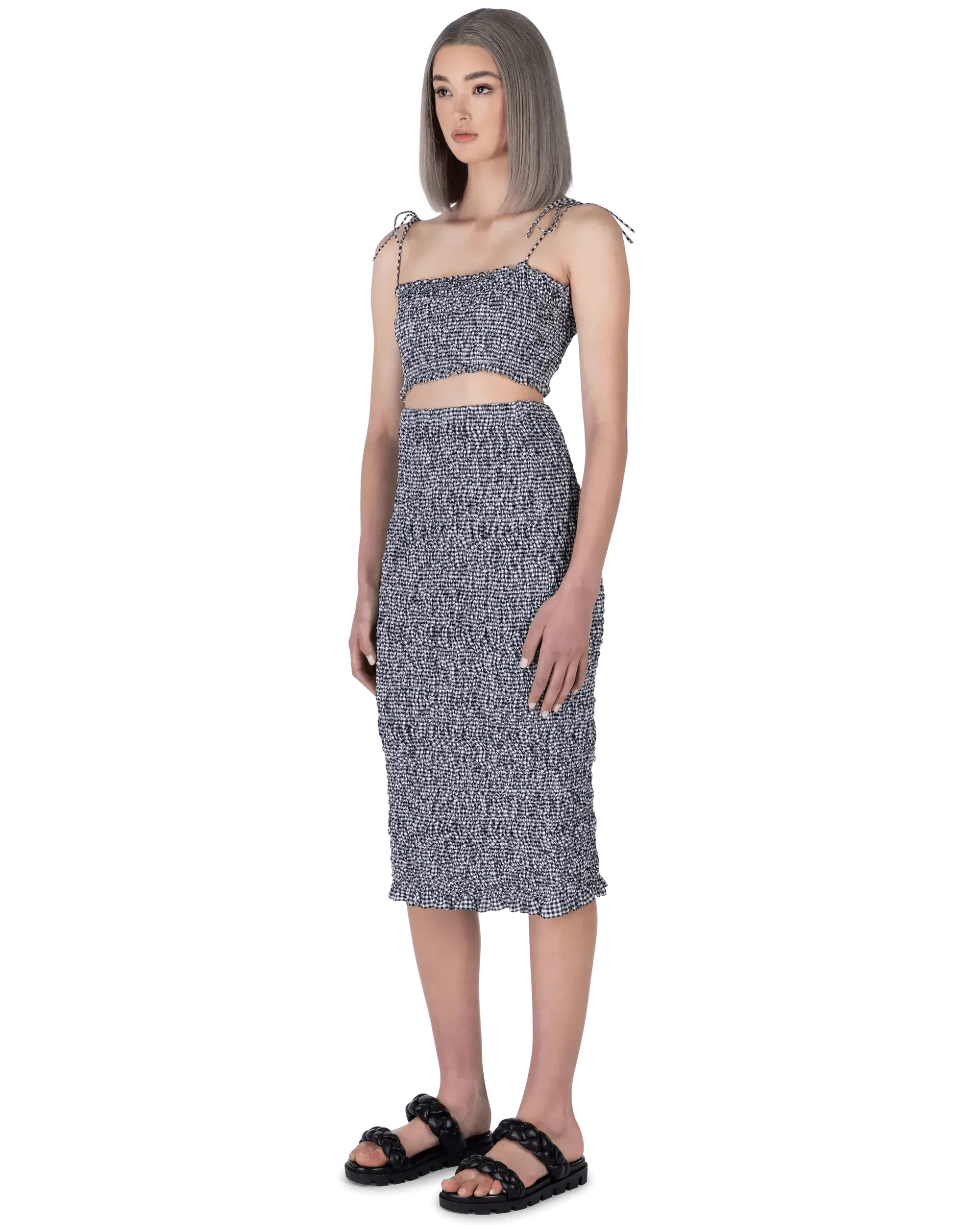 Scrunched Gingham Midi Skirt