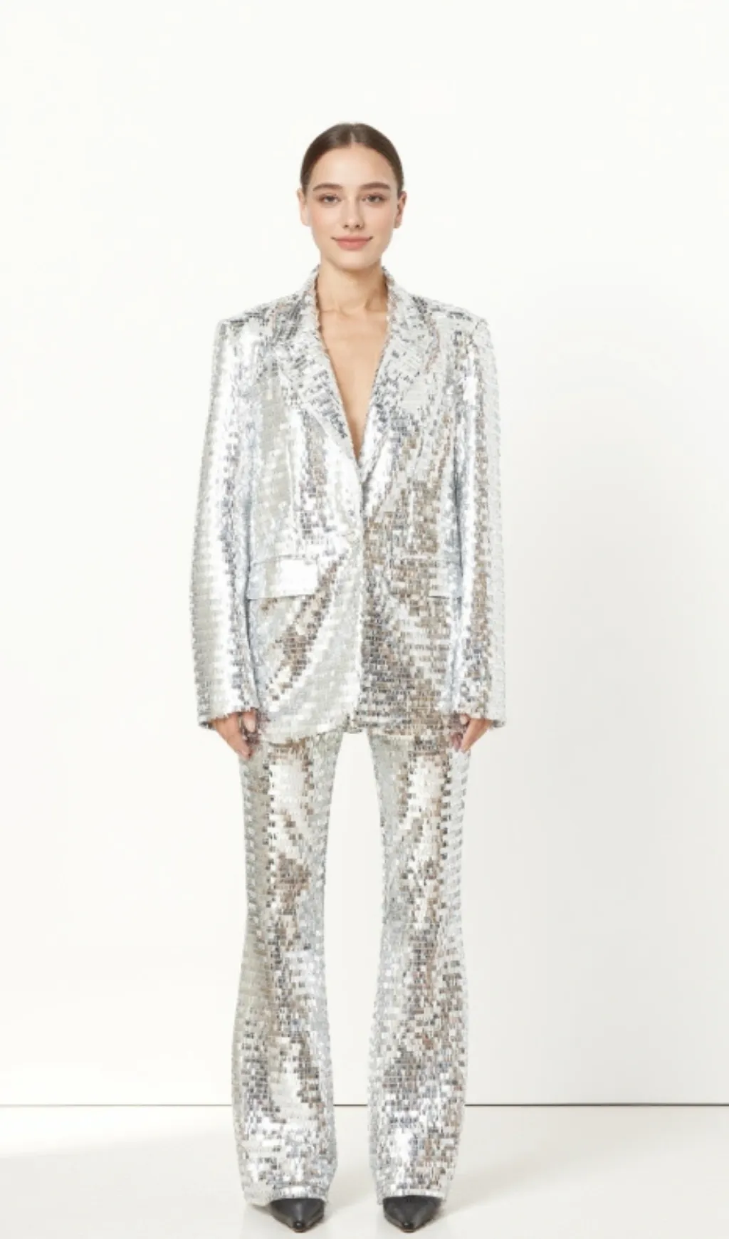 sequin-embellished trousers blazer set in silver