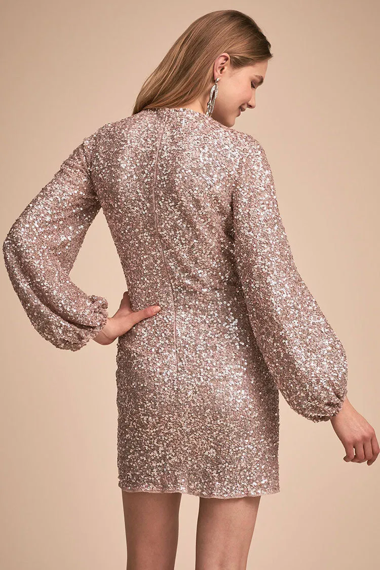 Sequin Lacy Long Sleeve Party Mini Dress - White