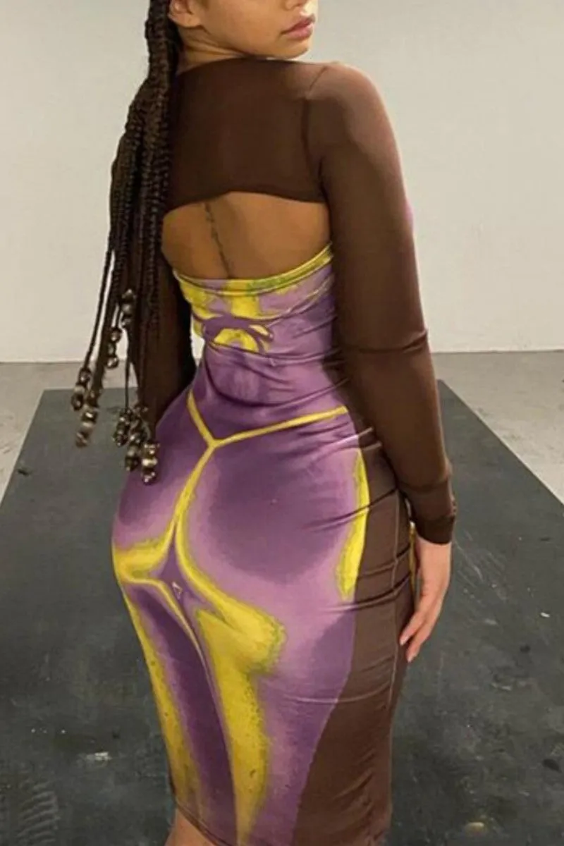 Sexy Casual Print Hollowed Out O Neck Long Sleeve Dresses