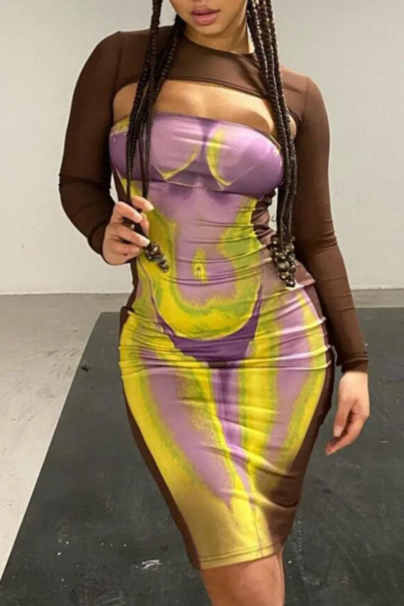 Sexy Casual Print Hollowed Out O Neck Long Sleeve Dresses