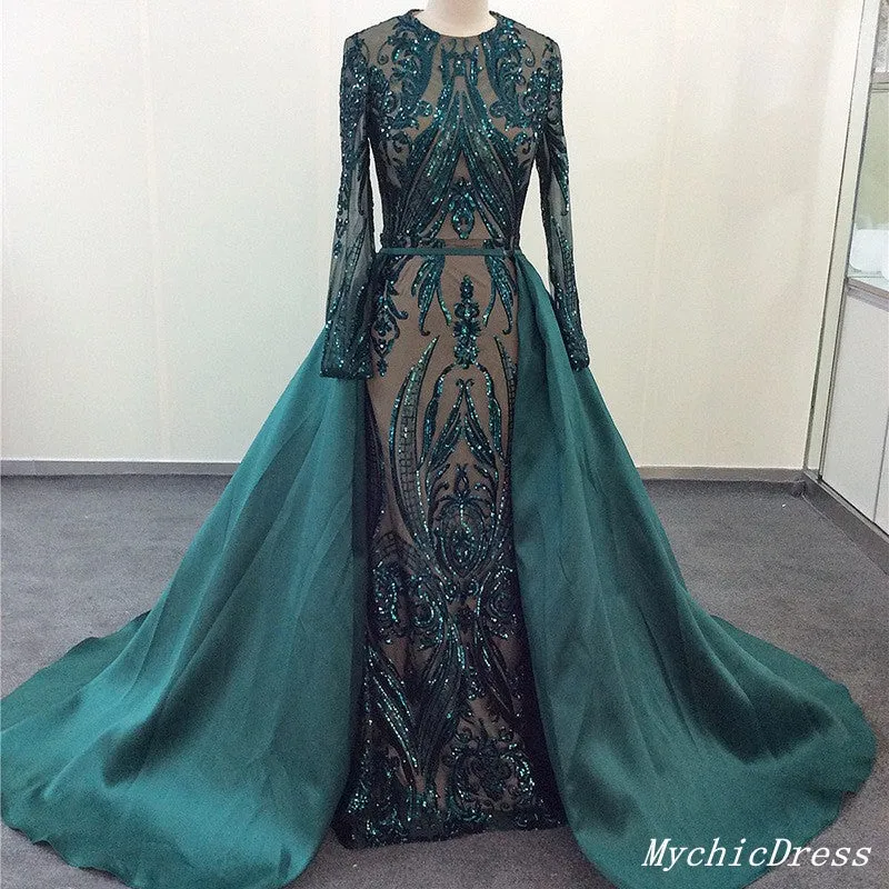 Sexy Emerald Green Lace Prom Dresses Long Sleeves with Detachable Train
