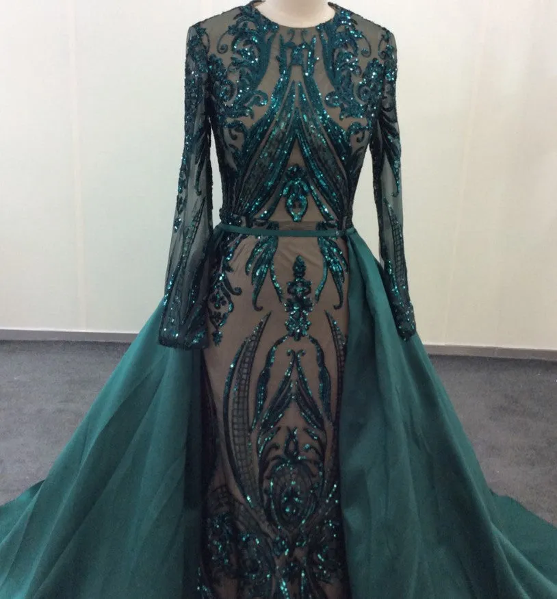 Sexy Emerald Green Lace Prom Dresses Long Sleeves with Detachable Train