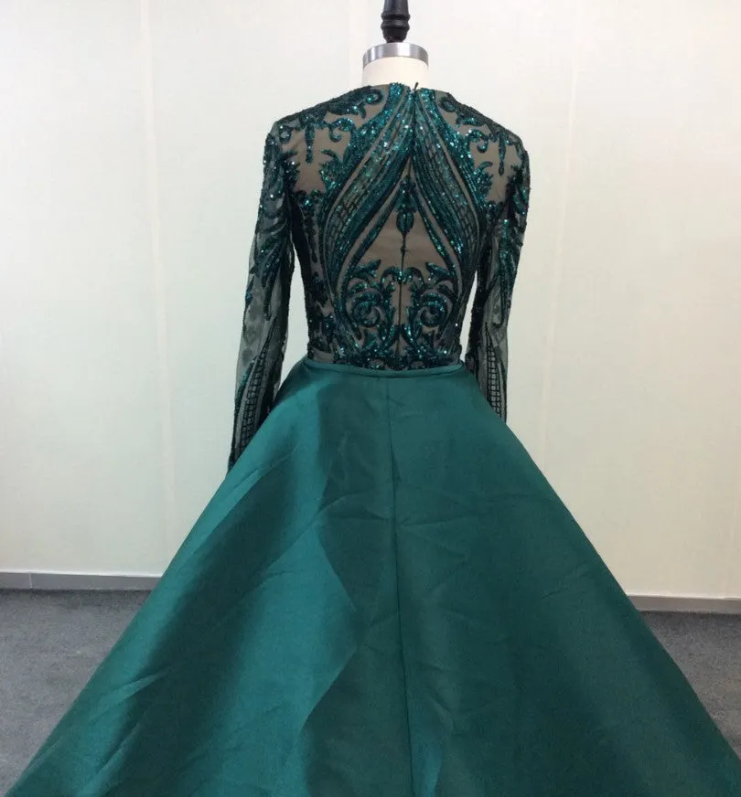 Sexy Emerald Green Lace Prom Dresses Long Sleeves with Detachable Train