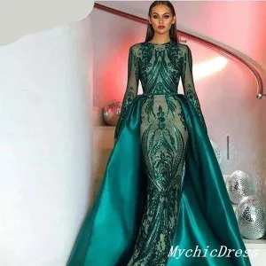 Sexy Emerald Green Lace Prom Dresses Long Sleeves with Detachable Train