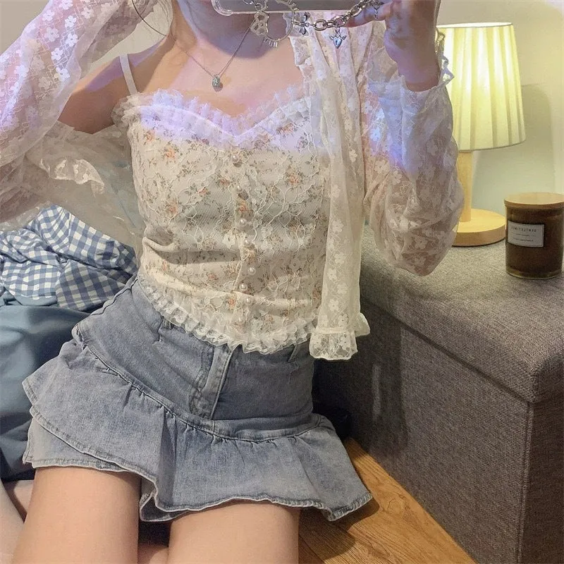 Sexy Pearl Beading Bralette Lace Crop Tops