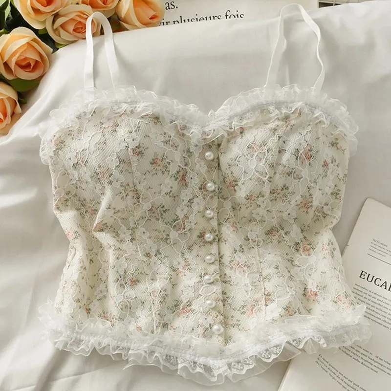 Sexy Pearl Beading Bralette Lace Crop Tops