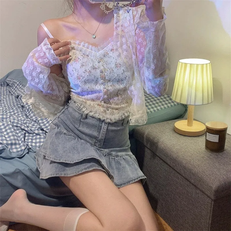 Sexy Pearl Beading Bralette Lace Crop Tops