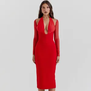 Sexy Plunge Halter Neck Long Sleeve Mesh Panel Bodycon Cocktail Corset Midi Dress