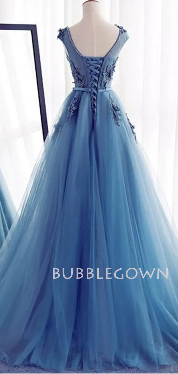 Sexy See Throuth Blue Lace Long Evening Prom Dresses, Cheap Sweet Prom Dresses, MR7204