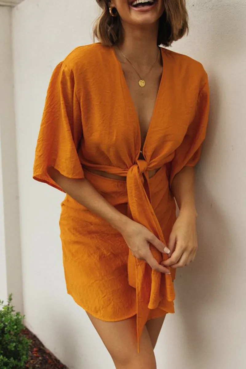 Sexy Solid Bandage Patchwork Zipper V Neck Irregular Dresses