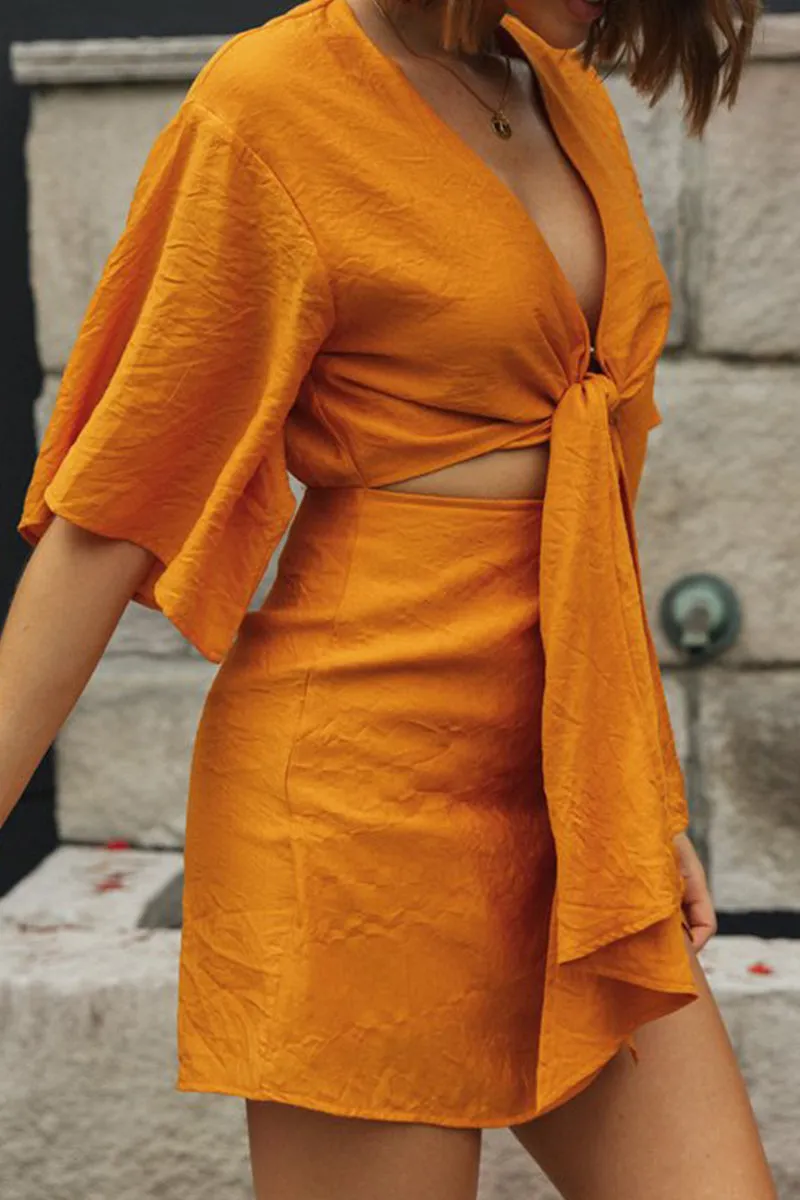 Sexy Solid Bandage Patchwork Zipper V Neck Irregular Dresses