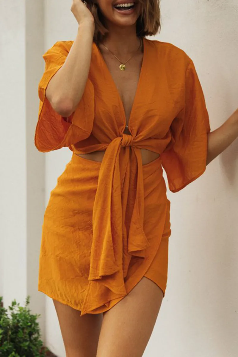 Sexy Solid Bandage Patchwork Zipper V Neck Irregular Dresses