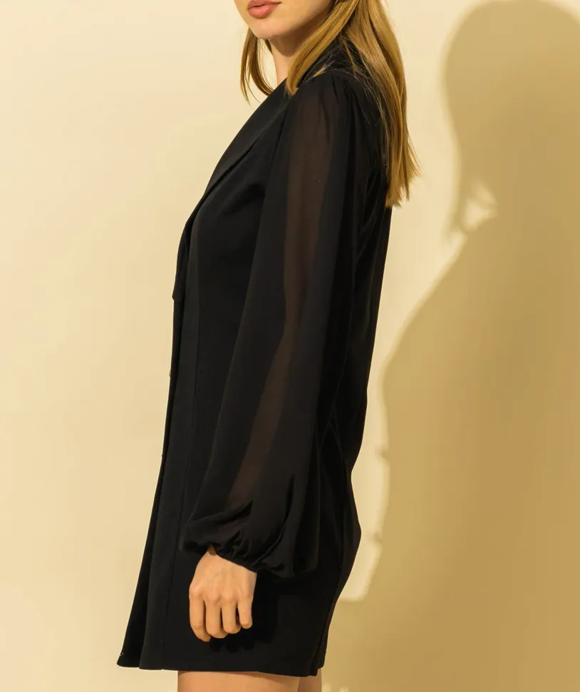 Sheer Sleeve Double Breasted Blazer Dress