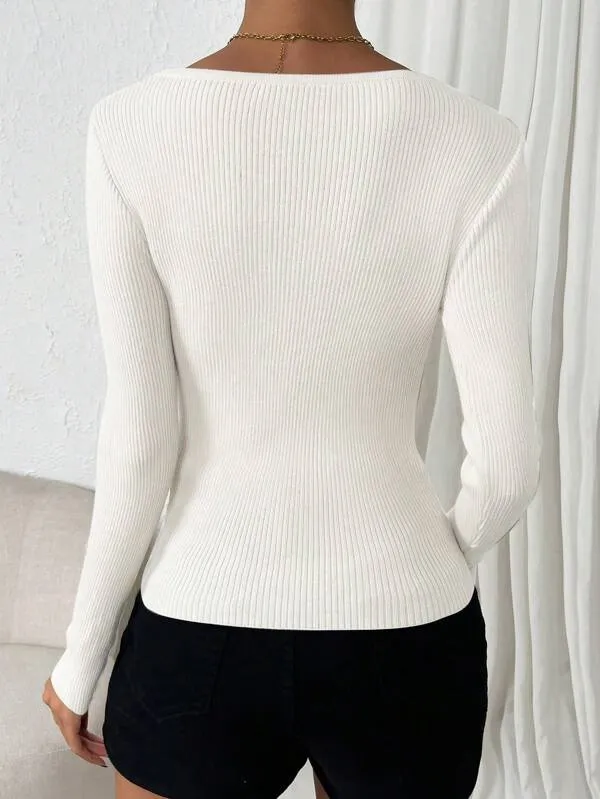 SHEIN Essnce Sweetheart Neck Ribbed Knit Sweater