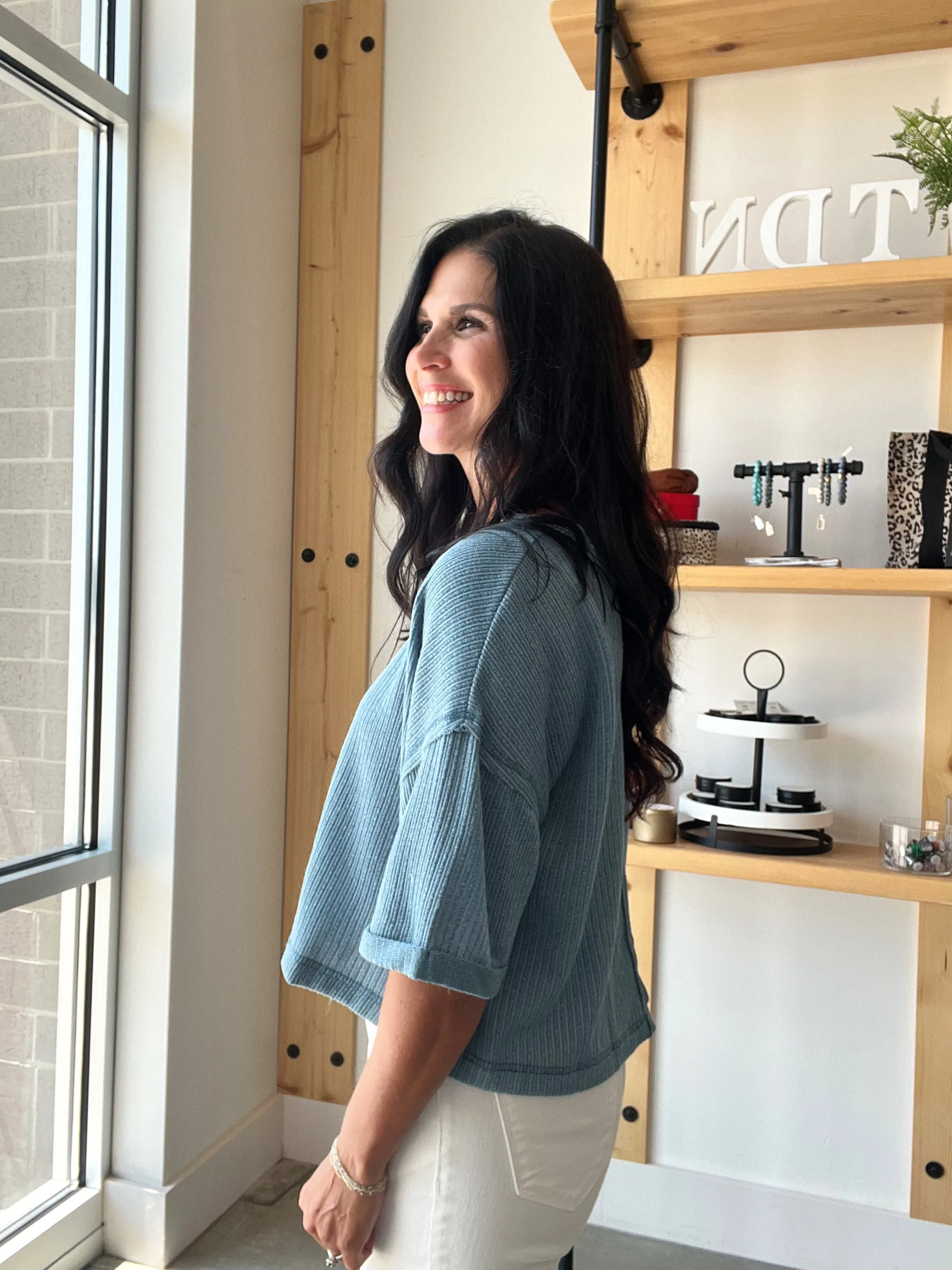 Short Sleeve Knit Crop in Dusty Teal